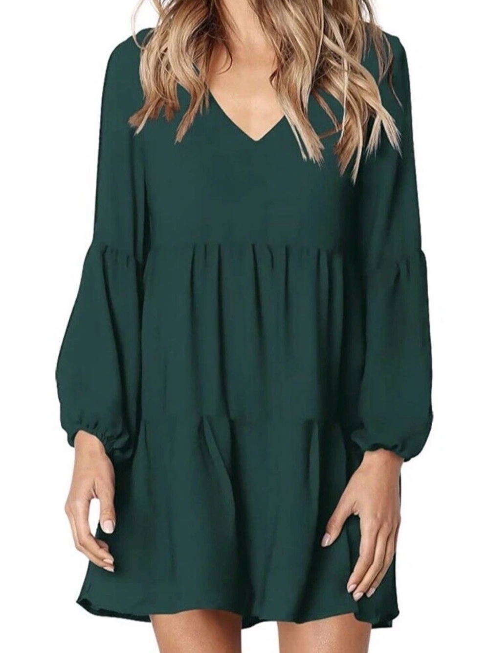 V-Neck Long Sleeve Tiered Mini Dress - Dark Green